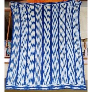 Handmade Crochet Throw Blanket Blue White Lap Approx 60" by 42" VGC